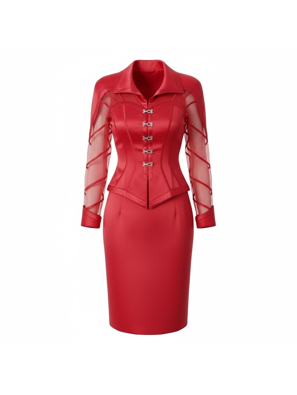 Vintage IIF Red Sheer Sleeve Corset Skirt Suit